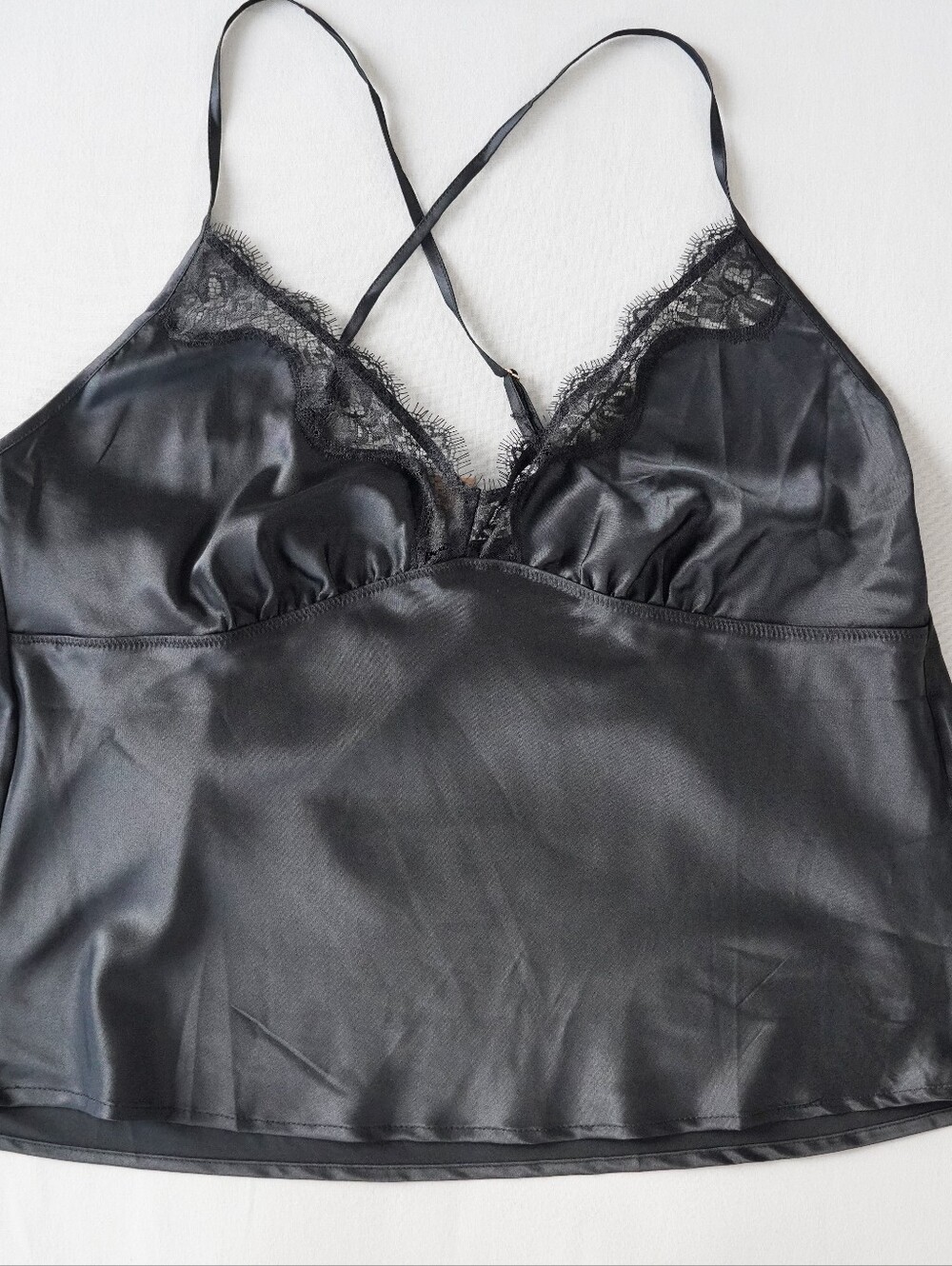 Shapellx Black Satin Lace Babydoll Camisole Top Large NWT